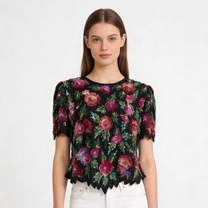 LAURENCE KAZAR NY Vintage 80’s Silk Floral Sequin Short Sleeve Blouse Size 2X